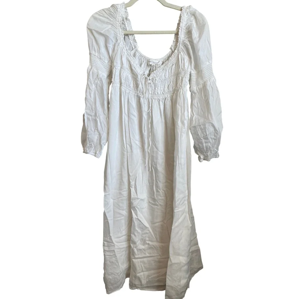 Till Blush of Night White Lyocell Smocked Peasant Midi Dress XS Nightgown